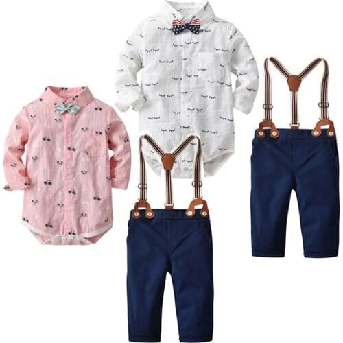 Toddler Suit Baby Boy Clothes Cartoon Print 2019 Newborn Boy Clothes Set Infant Clothing Gentleman Suit Shirt+Suspender Trousers