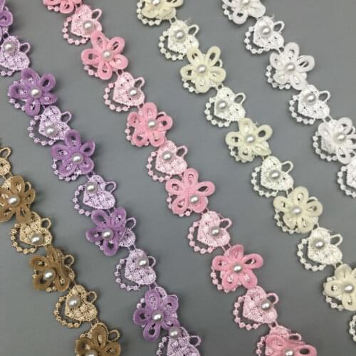 1 Yard 2cm Pearl Heart Rose Flower Wave Embroidered Lace Trim Ribbon Fabric Sewing Craft For Costume Wedding Dress Decoration