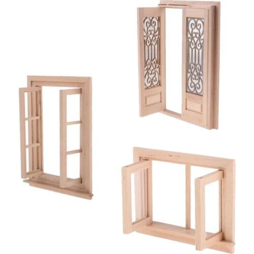 1/12 Dollhouse Miniature External Hollow Screen Door + 6-Pane Window + 2-Pane Window Unpainted 3pcs