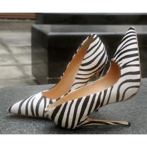 Moraima Snc Zebra Printed Horsehair High Heel Shoes Woman Sexy Pointed Toe Pumps High Quality Leather Shallow Stiletto Heels