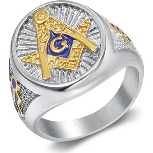 New US 7 to 13 size Male Ring Blue Enamel Freemason Masonic Free Mason Signet Rings Gold Tone Stainless Steel Jewelry For Men