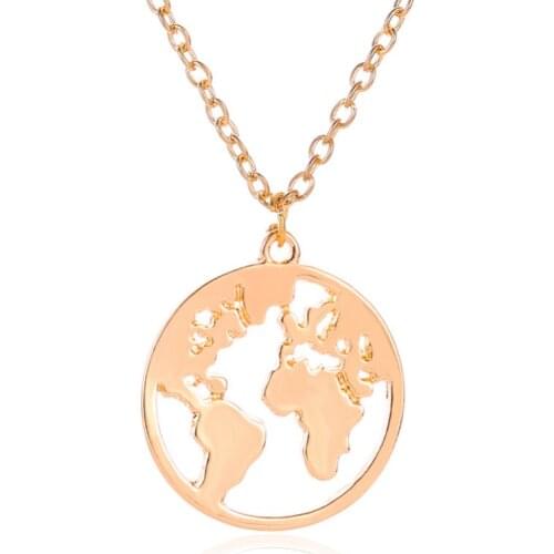 Aesthetic Hollow Simple World Map Golden White Black Alloy Necklace Pendants For Women Men Collarbone Chain