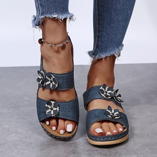 2021 Womens Flower Sandals Summer Wedge Slippers Shoes Women Vintage Flip Flops Female Ladies Woman Sandals Lady Casual Slides