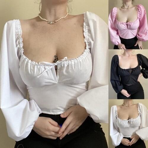 Sexy Women Long Puff Sleeve Ruched Drawstring Low Cut T-shirt Crop Top Blouse