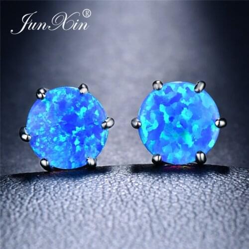 JUNXIN 5/6/7/8MM Blue Fire Opal Earrings For Women Men White Gold Filled Round Earrings Female Rainbow Wedding Studs