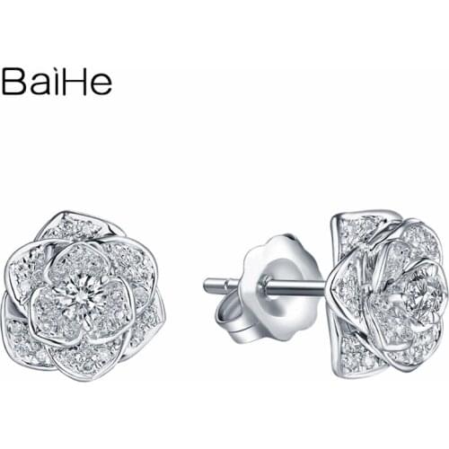 BAIHE Solid 14K White Gold 0.45ct H/SI Round Natural Diamond серьги Wedding Trendy Fine Jewelry flowers Stud Earrings for Women