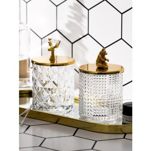 Nordic Desktop Decoration Glass Jewelry Box Cotton Swab Holder Cosmetic Organizer Storage Canister Jar With Gold Lid