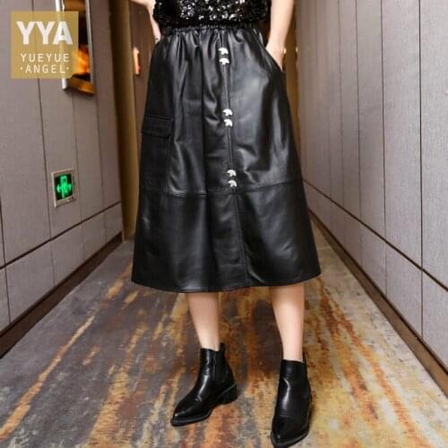 Genuine Leather A Line Skirts Women Elastic High Waist Loose Mid-Calf Real Sheepskin Skirt Harajuku Summer Black Skirts Female