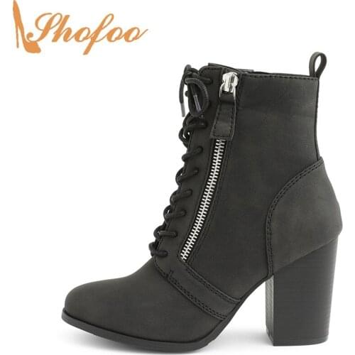Black High Chunky Heels Ankle Boots Woman Round Toe Zipper Lace Up Booties Large Size 13 16 Ladies Fashion Mature Shoes Shofoo
