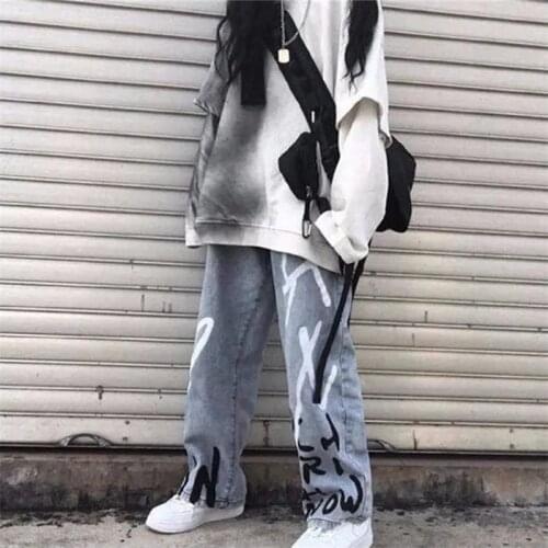 Pant Jeans Women Spring/Summer New Printed High Waist Washed Loose Button Zipper High Street Hip Hop Straight Denim Trousers 441