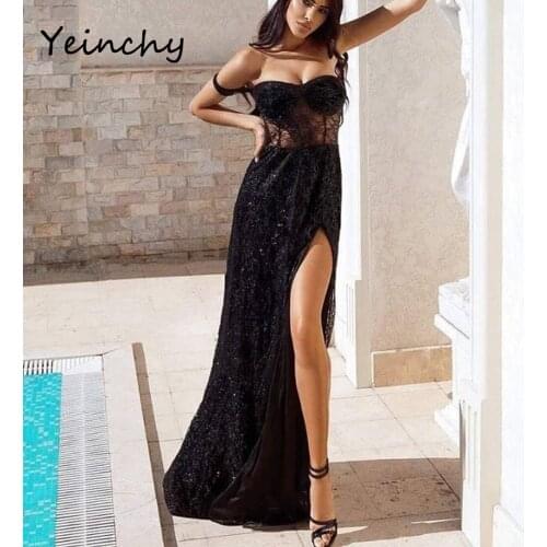Yeinchy Women Sexy Off Shoulder glitter Dresses Female High Split Maxi Elegant Backless party Dress FY2002