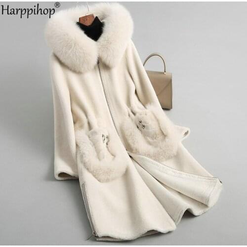 Womens winter warm genuine wool fur with fox collar coat lady coat jacket overcoat