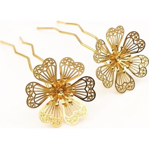 10pcs/lot 30MM Flowers Slice Brass Silver/Gold Color U-shaped HairPins DIY Hair Jewelry Settings Hair clips Accessory Findings