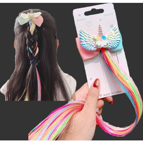 2020 Summer Children Colorful Wig Hairpins Kids Girls Bow Hairclip Fake Hair Twist Braid Bunny Ears Hair Clips Baby Accessories
