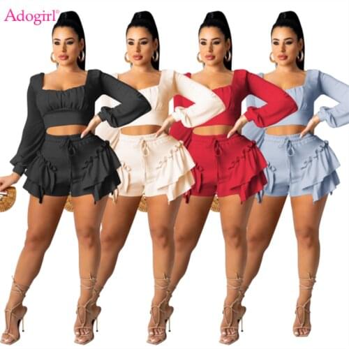 Adogirl Women Solid Pleated Ruffles Two Piece Set Square Neck Long Sleeve Shirt Crop Top Elastic Waist Shorts Casual Suit