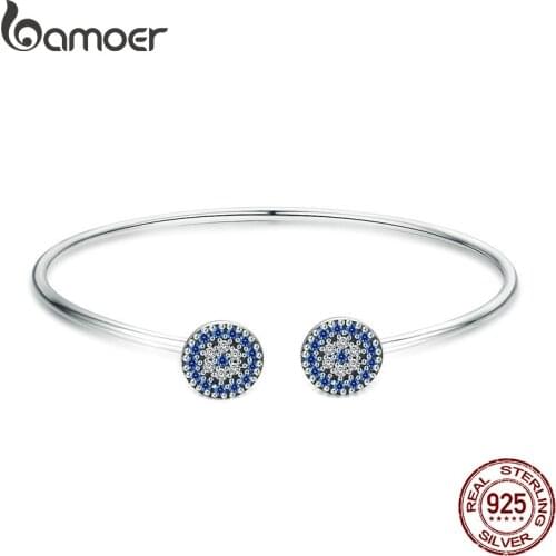 BAMOER 2018 New 100% 925 Sterling Silver Lucky Blue Eyes Blue CZ Women Open Cuff Bangle & Bracelet Luxury Silver Jewelry SCB058