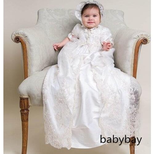 White/Ivory New Christening Gown Infant Toddler Baptism Dresses Robe for Baby Girl Boys with Bonnet