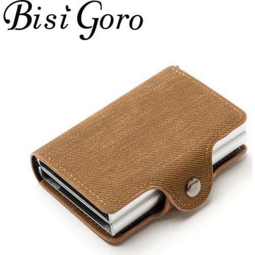 BISI GORO 2020 New Card Holder RFID Blocking Anti-theft Double Boxes High Quality Card Wallet Denim Fashion Pop-up Metal ID Case
