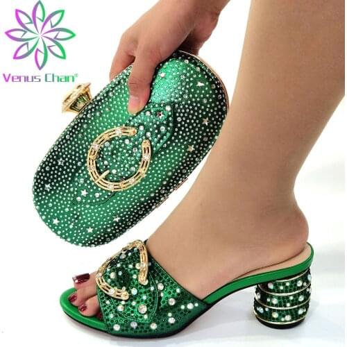 2021 Specials Design African Women Shoes Matching Bag Set in Green Color Mature Style Italian Ladies Sandals for Wedding Dress