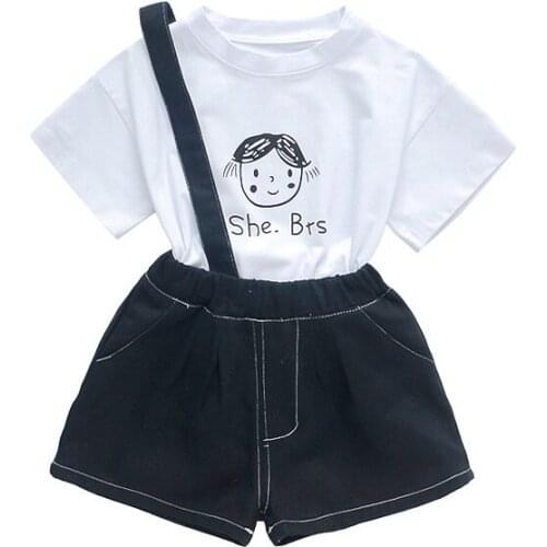 Girls T-shirt Overalls Sets One Shoulder Pants Suit 2021 New Summer Clothes Korean Toddle Girls Short Sleeve Top+shorts