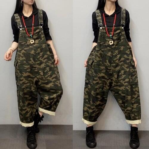 Camouflage Cowboy Jumpsuit Women Baggy Wide Leg Denim Rompers Strap Bib Low Crotch Denim Pants Europe jean Overalls Joggers