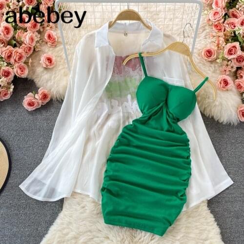 2021 New Summer Fashion turn-down collar long sleeve single breasted Shirt Top + high waist pleated strap Dress two piece set