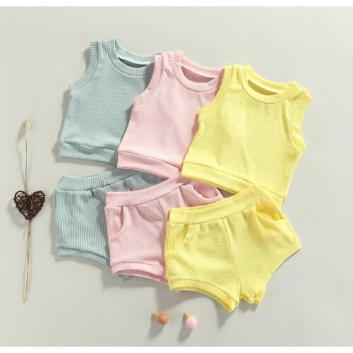 2Pcs Little Girls Boys Outfit Toddlers Summer Soft Cotton Solid Color Ribbed Sleeveless Round Collar Tops+Shorts Kid Clothes Set