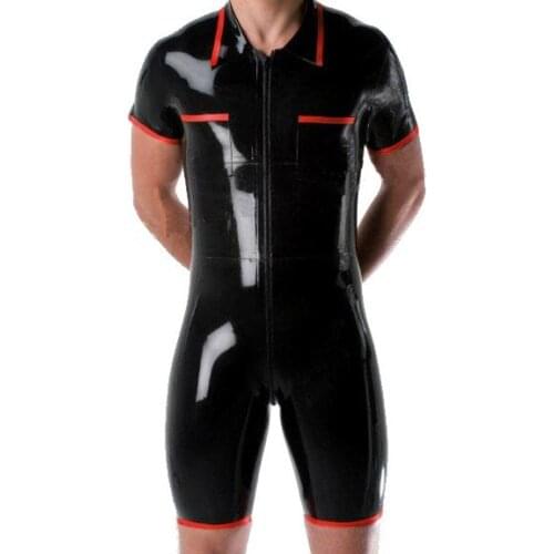Half Sleeve Latex Catsuit Sexy Rubber Bodysuits Half Pants Men’s Black Tight Clothing Fetish Jumpsuit