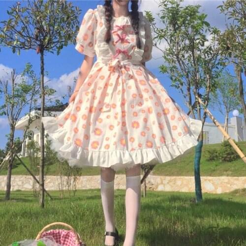 Sweet Womens Lolita Dress Daisy Floral Printing Square Collar Dress One Piece Color Pink Purple Summer Lolita