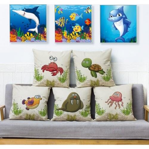 Watercolor Ocean Style Print Animal Throw Pillow Cover 45*45cm Cushion Covers Linen Pillows Cases Sofa Home Decor Pillow Case