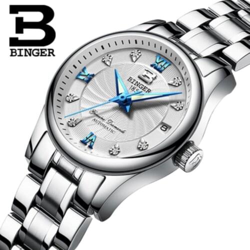 Genuine Luxury Switzerland BINGER Watches Women Automatic Mechanical Diamond Sapphire Fashion Calendar Female Waterproof