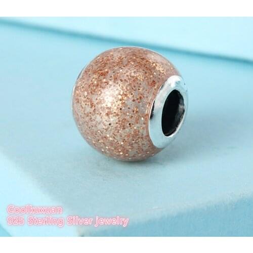 Autumn 925 Sterling Silver Glitter Ball Charm, Rose Golden Glitter Enamel Beads Fit Brand Charms Bracelet Diy Jewelry