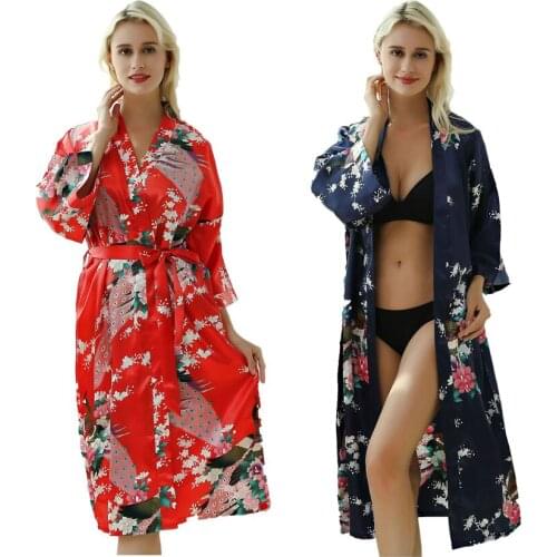 Lady Sexy Costumes Japanese Kimono Yukata Dress with Belt Satin Silk Cardigan Pajamas Sleepwear Woman Smooth Bathing Robe Gown