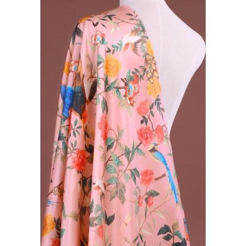 138CM Wide 19MM Floral Print Stretch Orange Pink Silk Satin Fabric for Summer Dress Shirt Scarf E1418