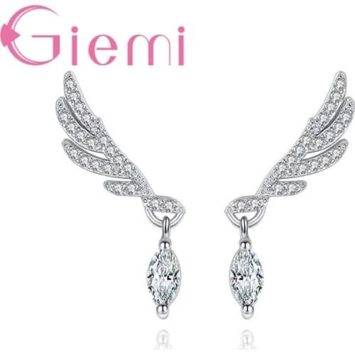 Modern Shiny Stud Earrings Angel Wings Shape Wemon Engagement Wedding Party Jewelry Silver High Quality CZ