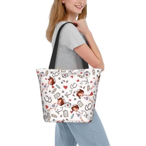 Cartoon Nurse Print Handbag Women Large Capacity Tote Shopping Handle Bag Travel Oxford Cloth Shoulder Bag Big Shopper Purse