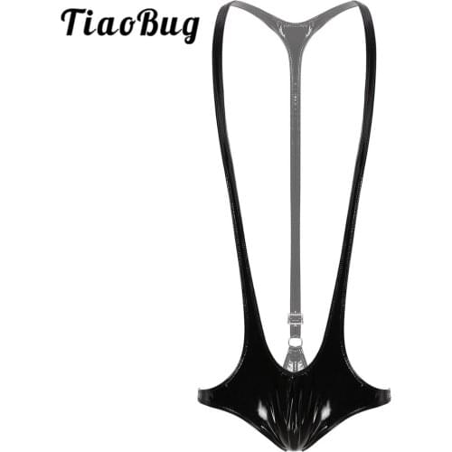 TiaoBug Sexy Men One-piece Wet Look Patent Leather Jockstrap Underwear Jumpsuits Wrestling Singlet Bodysuit Mankini Swimsuit