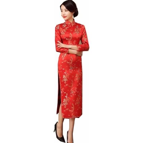 Shanghai Story chinese traditional clothing chinese style dresses long Cheongsam Long Sleeve Red Dragon Qipao For Women