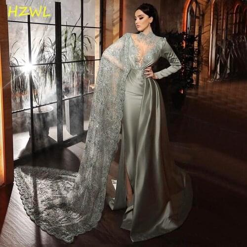 Dubai Gray Mermaid Evening Gowns Sheer High Neck Lace Appliques Sweep Train Prom Dresses Satin Long Sleeve Robe De Soiree