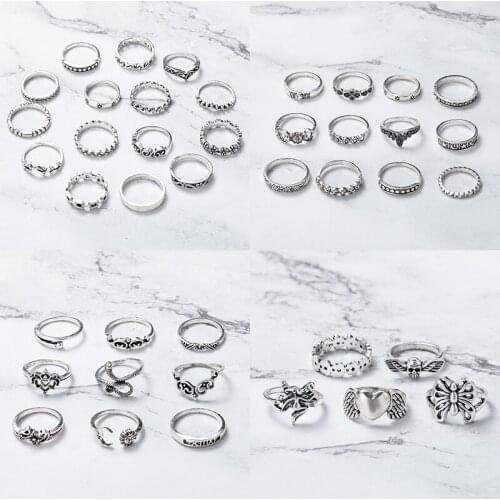 Vintage Silver Color Heart Butterfly Snake Rings Set For Women Retro Flower Sun Moon Finger Rings 2021 Female Ring Jewelry