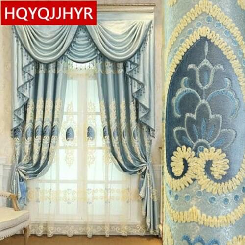 High-end custom finished Europe luxury Blue embroidered high-gloss curtains for Living Room Modern classic Bedroom flat Curtain