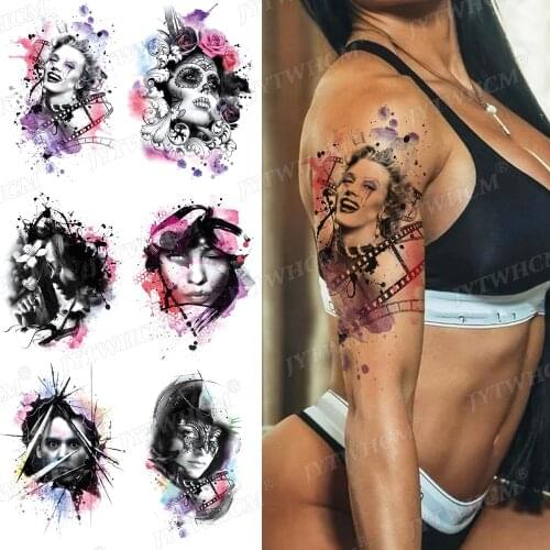 Lady Watercolor Ink Painting Temporary Tattoo Waterproof Sticker Sexy Woman Men Dark Leg Tattoo Body Arm Art Designs Stickers