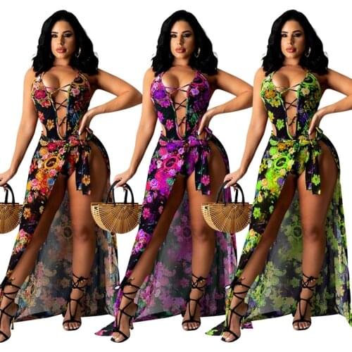 Floral Print Women 2pcs Dress Set V Neck Cross Hollow Out Halter Rompers+Mesh High Split Irregular Long Maxi Skirts Beach Wear