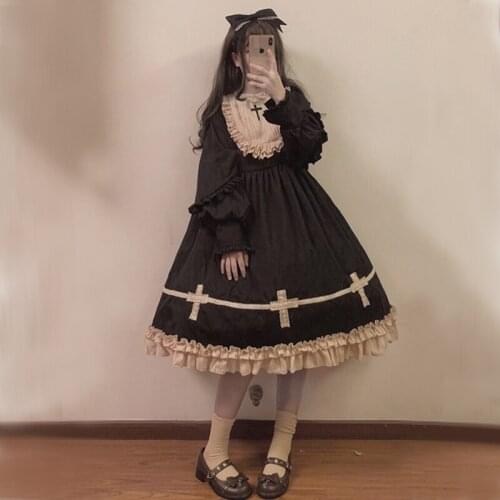 Palace Sweet Gothic Lolita Op Loli Cosplay Gothic Lolita Dress Vintage Lace O-neck Cross Victorian Dress Thickening Kawaii Girl