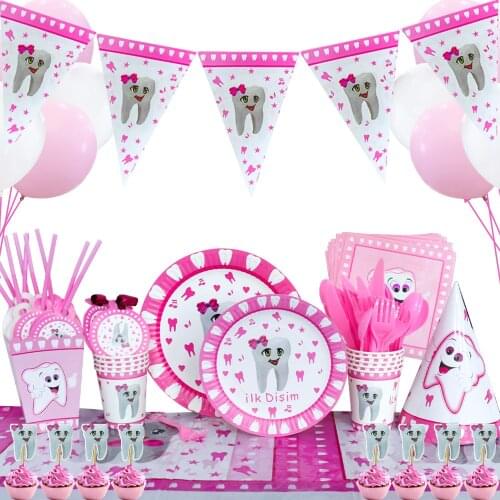 Tooth Theme Party Supplies Pink Blue Tooth Paper Plate Cup Paper Towel Baby Shower Girls Birthday Party Set