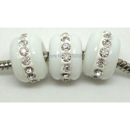20PCS/lot White color European Lampwork Glass Beads with Clear Rhinestones fit Charms Bracelet&Necklace14x9mm