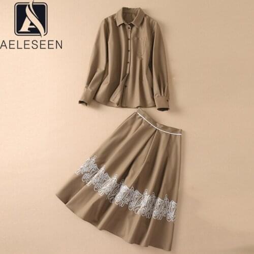 AELESEEN Office Ladies 2 Pieces Sets 2021 Autumn Winter Turn-down Collar Blouse+Flower Embroidery Skirt Elegant Twinsets