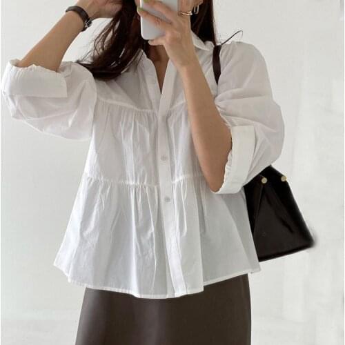 White Tops Korean Loose Casual Womens Shirt Vintage French Lapel Pleated Stitching Blouse Puff Sleeve Office Lady Blusas 15722