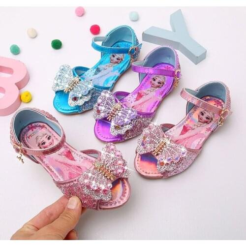 Disney Summer New Elsa Princess Girls Sandals Fashion Cute frozen Bow Rhinestone Single Shoes Fish Mouth Sandals