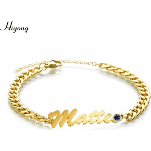 HIYONG Personalized Name Bar Anklet Bracelet Stainless Steel Custom Bracelet With Birthstone Punk Cuban Chain Bracelet Women Men